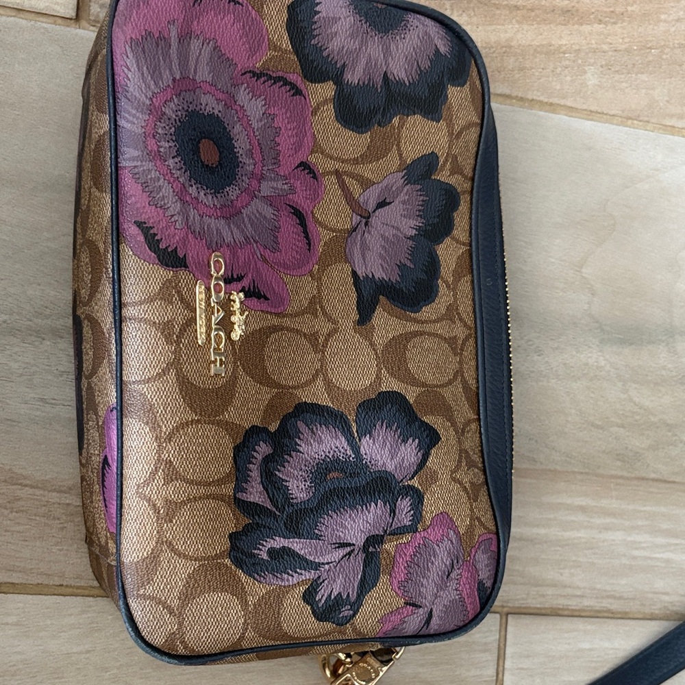Coach Brown and Pink Floral Cosmetic Bag